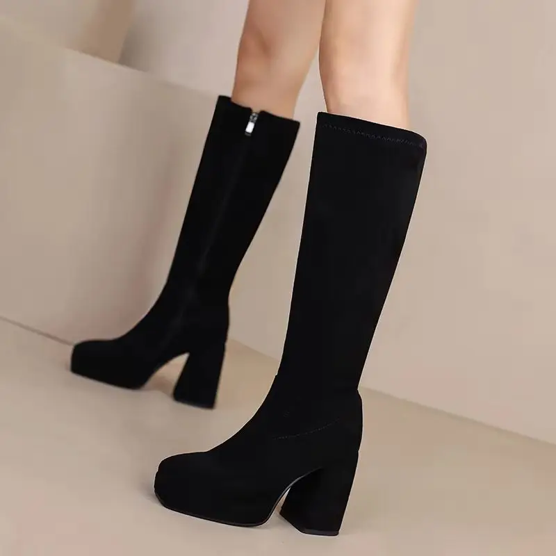 

Элегантные сапоги до колена, женская обувь 2024, осенне-зимние женские высокие сапоги, мягкая замшевая длинная обувь на молнии для вечеринок, женские большие размеры 45