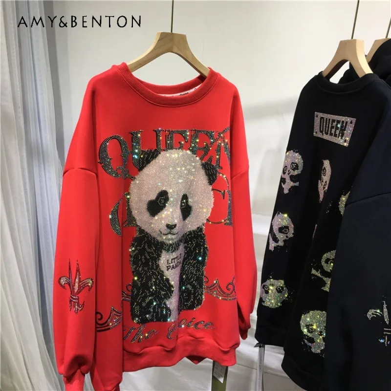 Velvet Padded Thickened Sweatshirt Heavy Embroidery Diamond Drills Cute Cartoon O-Neck Loose Oversize Top Autumn Winter New 2023