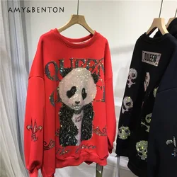 Velvet Padded Thickened Sweatshirt Heavy Embroidery Diamond Drills Cute Cartoon O-Neck Loose Oversize Top Autumn Winter New 2023