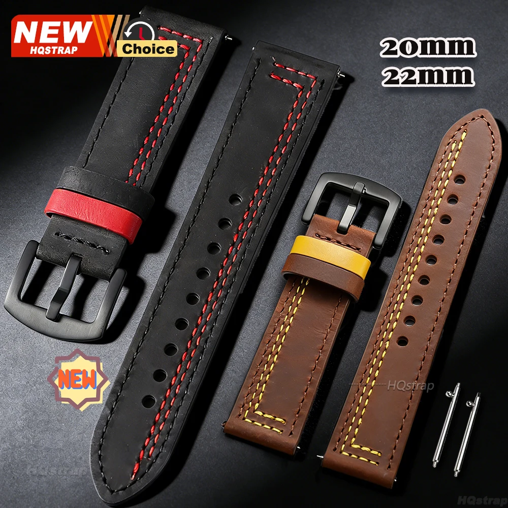 Correa de reloj Crazy Horse de 7 hilos de costura, 22mm 20mm, para Samsung, Huawei, pulsera de cuero para Smartwatch con liberación rápida