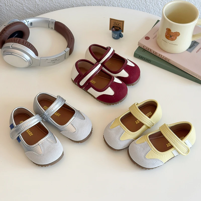 

2025 Korean Style Mary Janes Shoes Children Retro Suede Flats PU Leather Round Toe Daily Casual Boat Shoes Girls Ballerina Shoe