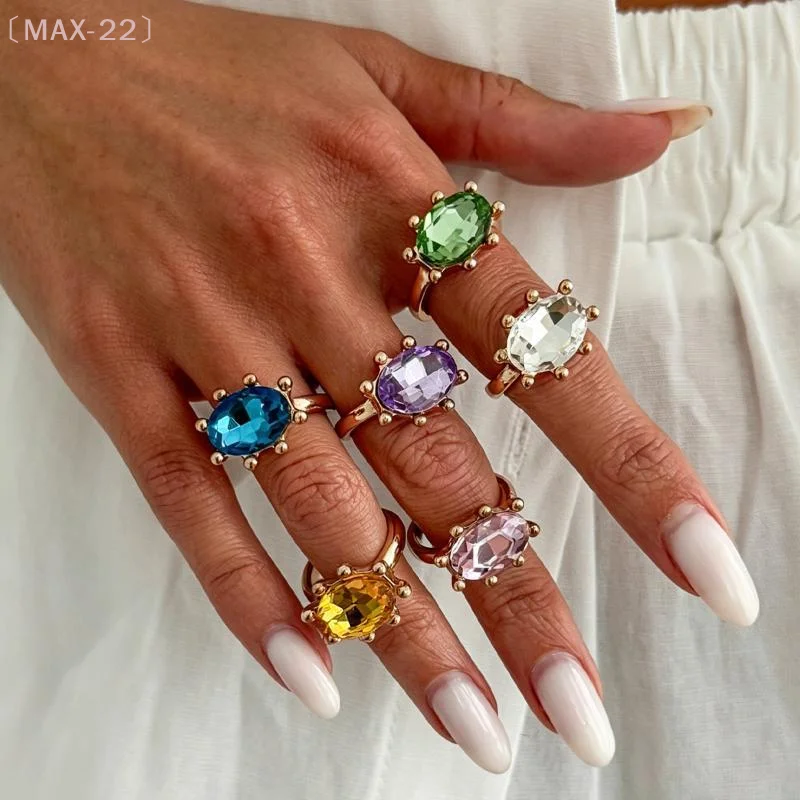 Fashion Geometric Rhinestone Stacking Opening Rings for Women Vintage Colored Gemstone Rings Party Jewelry Gift