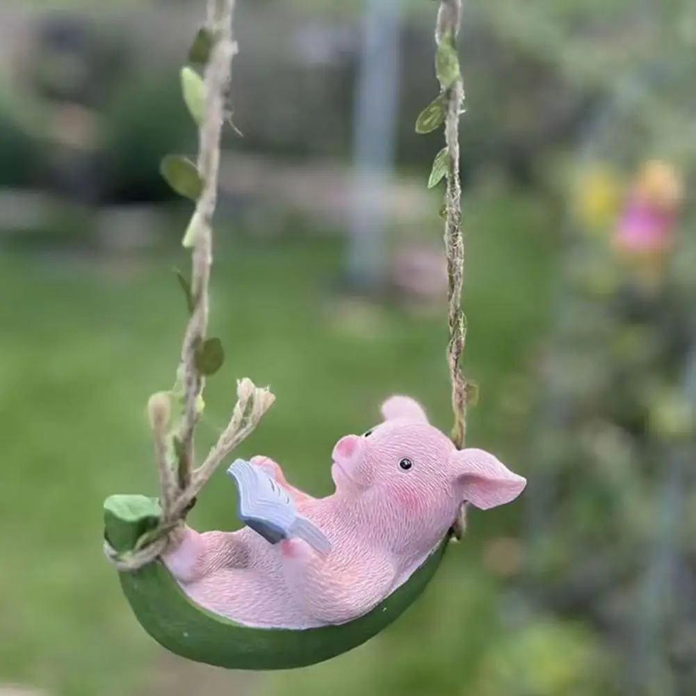 Hanging Pig Decoration Cute Pig Reading Ornament Hanging Resin Pig Figurine Ornament Cute Piggy Lying Hammock for Indoor