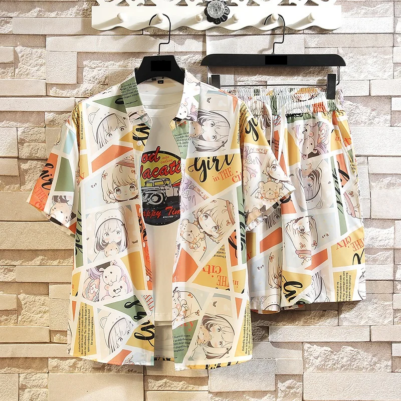 

Shirt Set Men's 3D Printed Anime Print Shirt And Shorts Set Men's And Women's Fashion Casual Fresh Simple Lapel Hawaiian Shirt