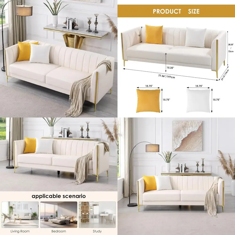 Sofa kulit imitasi modern warna putih 78 inci 3 dudukan dengan kaki logam emas dan 2 bantal hias untuk kenyamanan ruang tamu