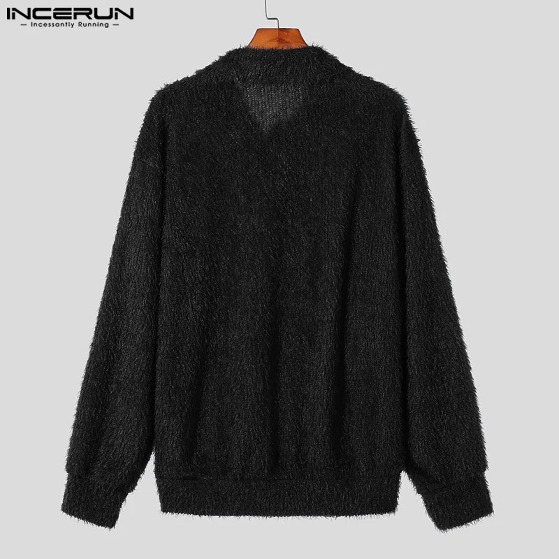 INCERUN Men\'s Sweaters 2023 Knitted Plush Lapel Long Sleeve Casual Pullovers Streetwear Solid Korean Color Fashion Men Clothing