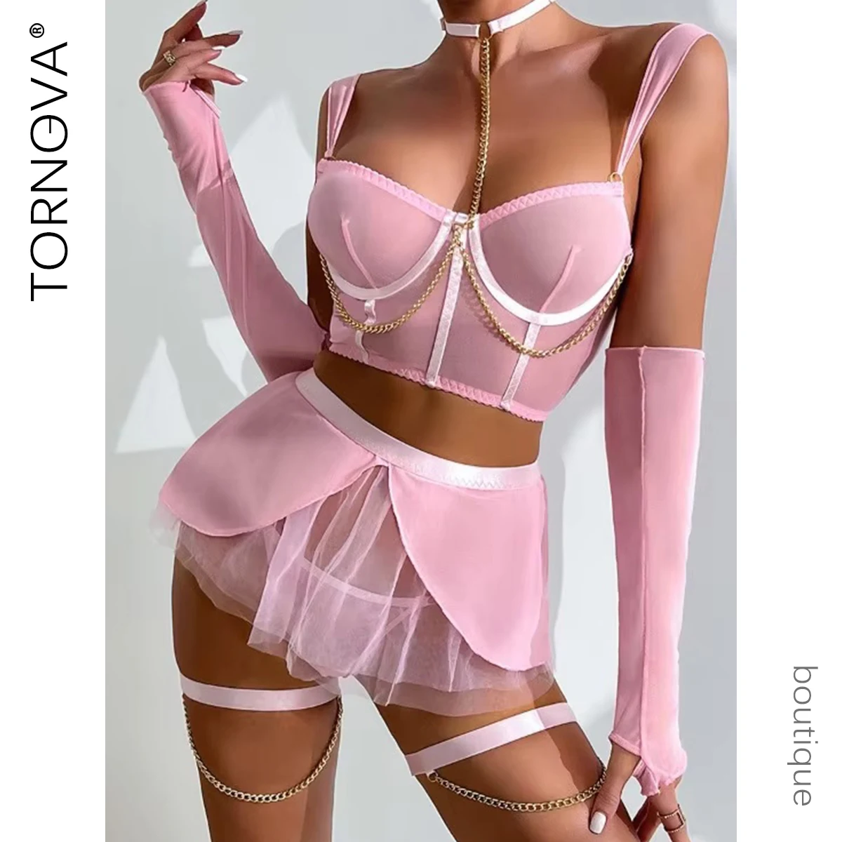 

Нижнее белье Tornova с лямкой на шее, трусики, сетчатая юбка, лоскутный кружевной комплект, облегающее прозрачное однотонное интересное полое романтическое нижнее белье