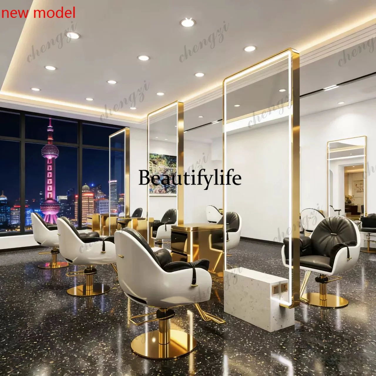 DD182Modern simple haircut mirror table square marble base, single-sided and double-sided floor for hair salon