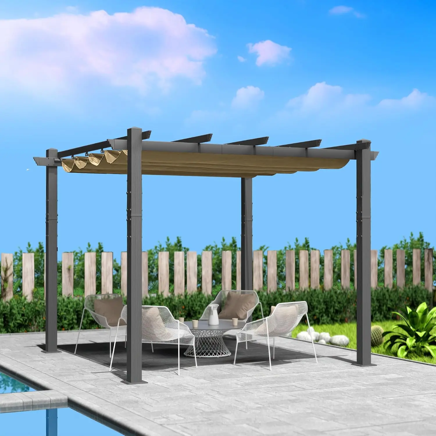 Outdoor Retractable Pergola with Sun Shade Canopy for Patio Garden Deck, Customized
