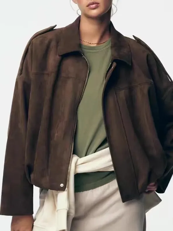 Damska kurtka jesienna z imitacji aksamitu, styl casual, rękaw nietoperz, wysoka jakość, teksturowany kołnierz, zapinana na zamek, długa kurtka zimowa...