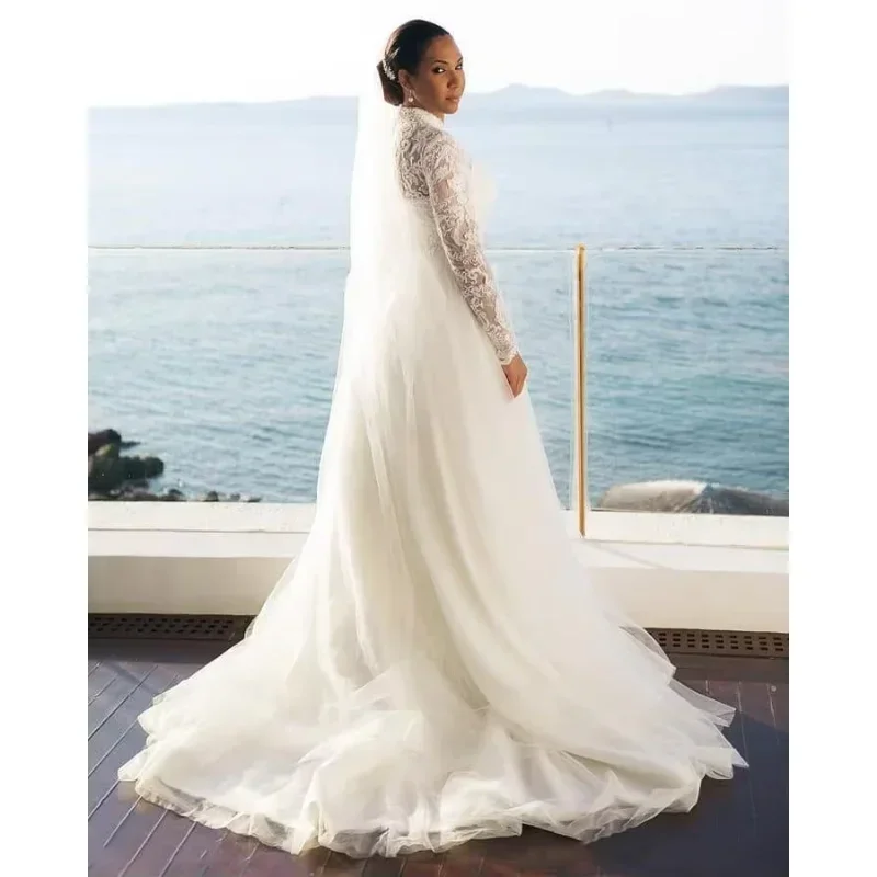 

Customized Muslim Wedding Dresses High Neck A Line Lace Applique Sweep Train Long Sleeves Custom Made Pleats Wedding Bridal Gown