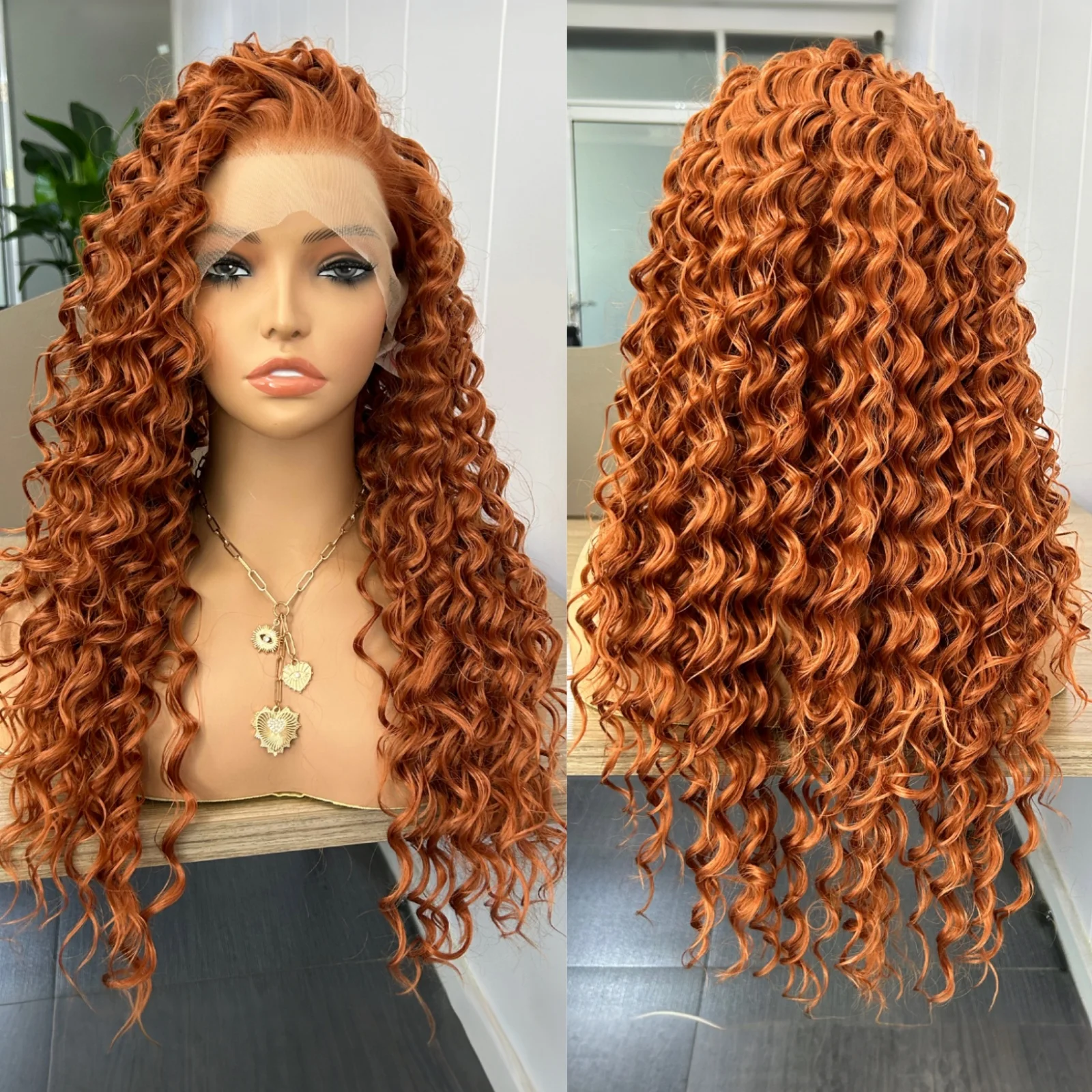 ディープウェーブカーリー13x4レースフロントウィッグ 女性用 フリーパート ジンジャーブラウン ロングカーリー 合成繊維 グルーレス デイリー パーティー コスプレウィッグ