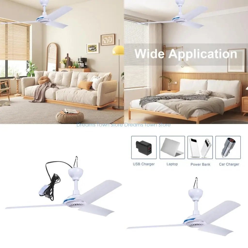 HX6A USB Mini Ceiling Fan 3Leaves Hanging Camping Fan for Tents Motor Homes 19.6inch