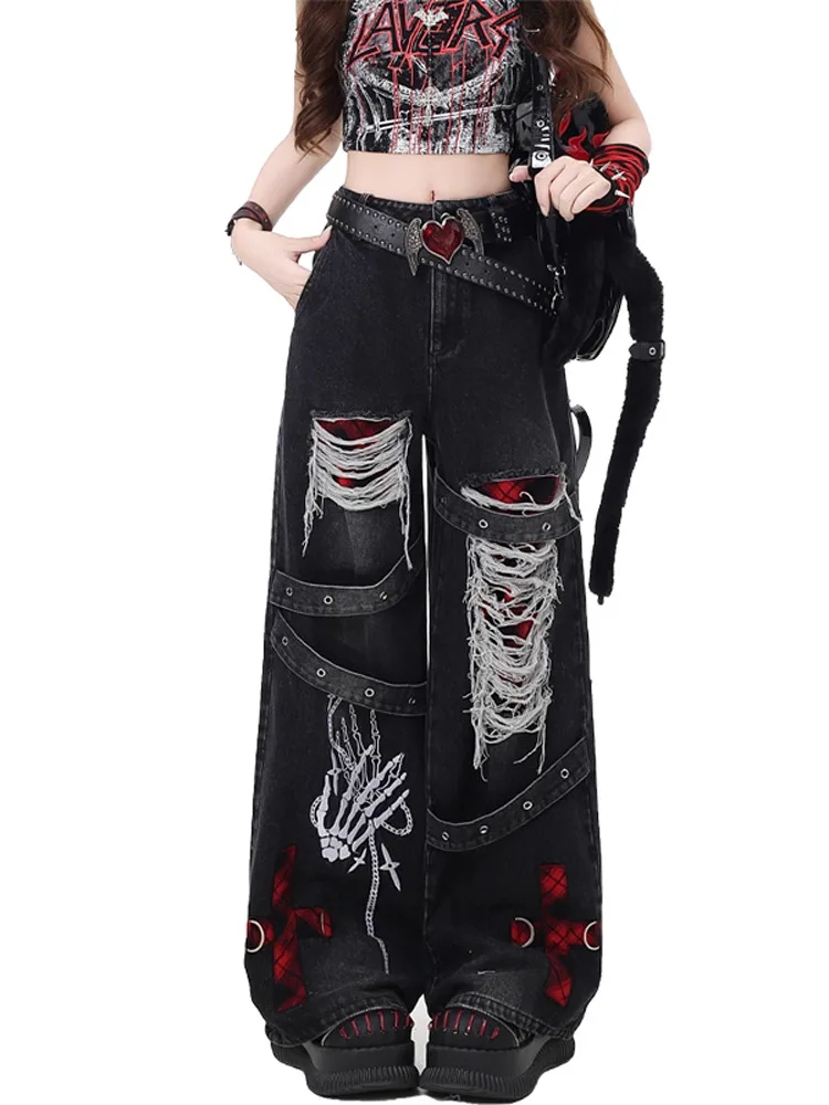 

Джинсы Y2K с дырочками и высокой талией, свободные широкие джинсовые брюки прямого кроя для женщин, осенний дизайн, повседневные брюки Sensation