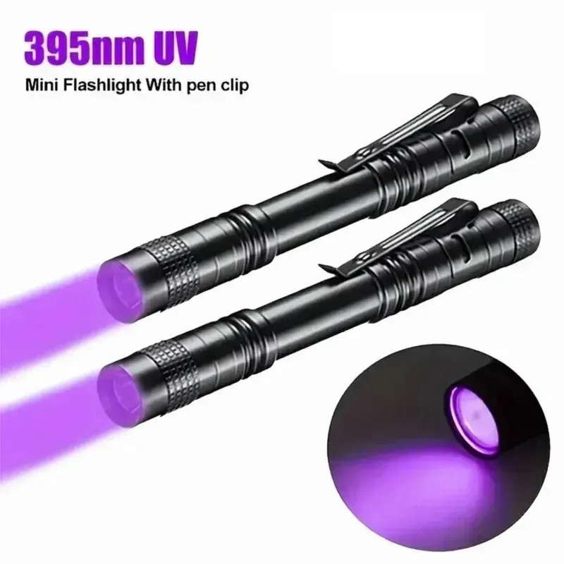 

E5 1-2PCS UV LED Flashlight 365nm Ultraviolet Torch UV With Pen Clip Portable 365NM Light Pet Urine Scorpion Detector UV Lamp