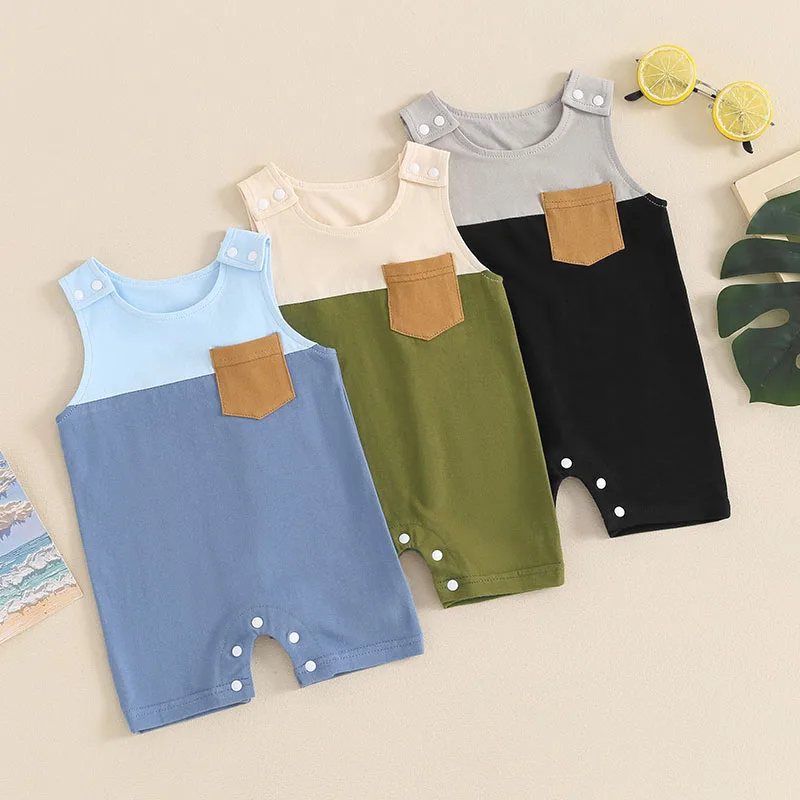 

Summer Newborn Infant Baby Boy Clothes Contrast Color Round Neck Sleeveless Playsuit Jumpsuit Infant Toddler Overalls