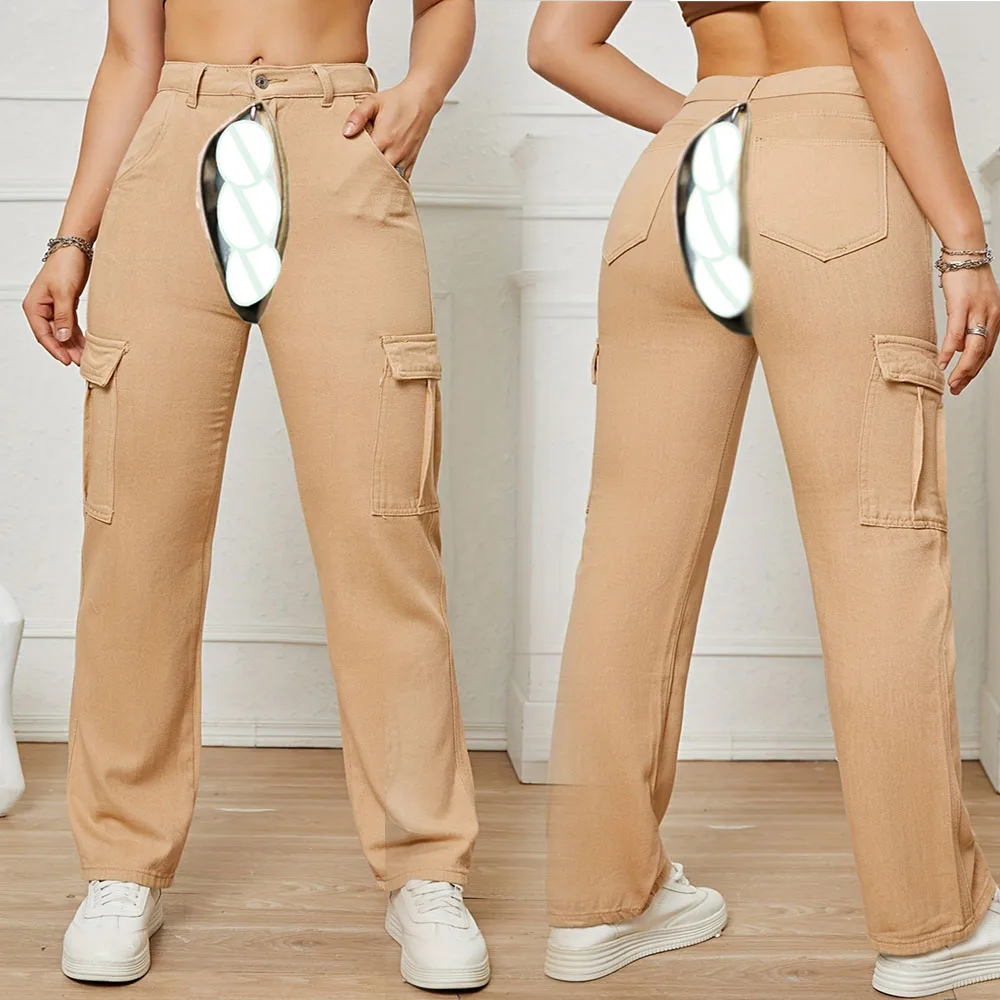 Pantalones vaqueros eróticos de cintura alta para mujer, ropa de calle holgada Y2k, para sexo al aire libre, entrepierna abierta