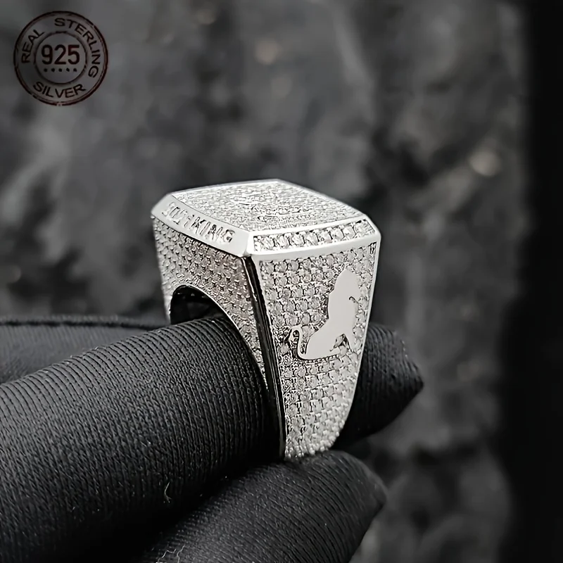 فاخر 925 فضة خواتم للرجال فريد الأسد مشتهى DJ الهيب هوب الدائري مثلج خارج الزركون البلاتين مطلي مجوهرات بسيطة #3