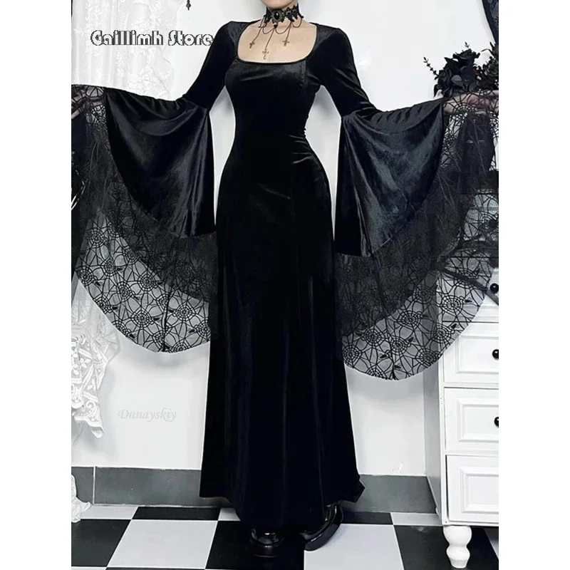 

qq023Halloween Gothic Vintage Women Velvet Square Neck Patchwork Spider Web Flare Sleeves Cosplay Long Party Dress