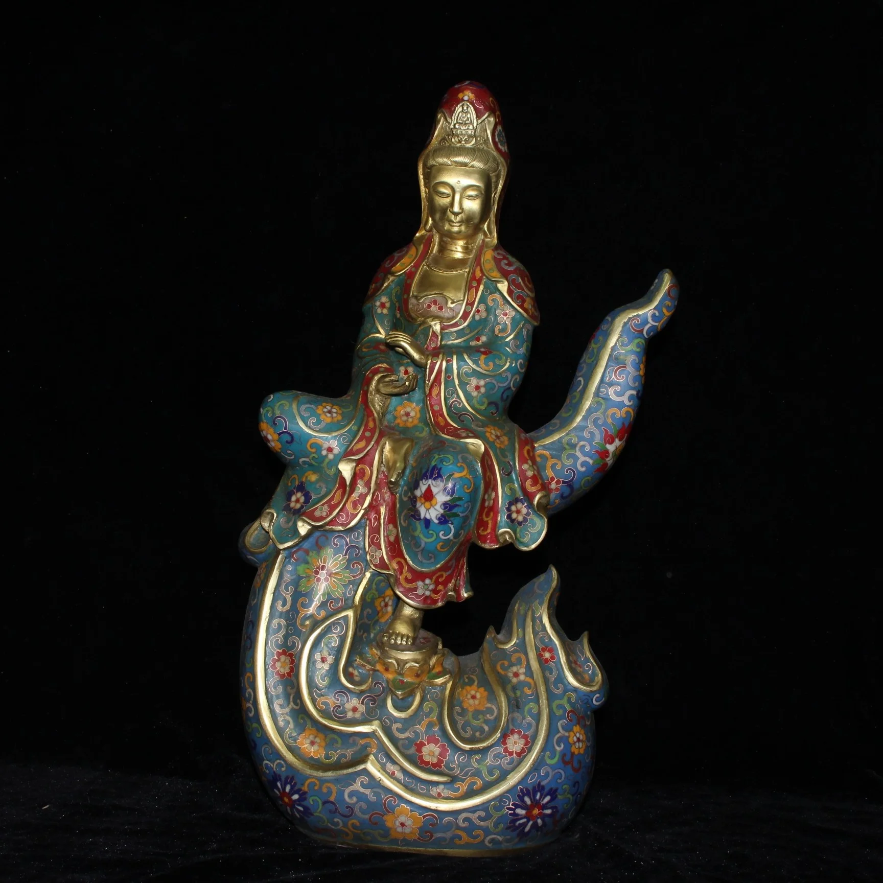 

20"Tibetan Temple Collection Old Bronze Cloisonne Enamel Flame clouds Guanyin Bodhisattva Station Buddha Worship Hall