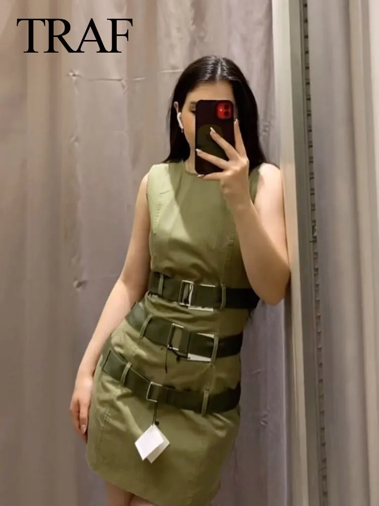 TRAF 2024 Women\'s Fashion Street Dress Sleeveless Round Neck Army Green Belt Decoration Slim Cargo Sundress Vintage Trendy Dress