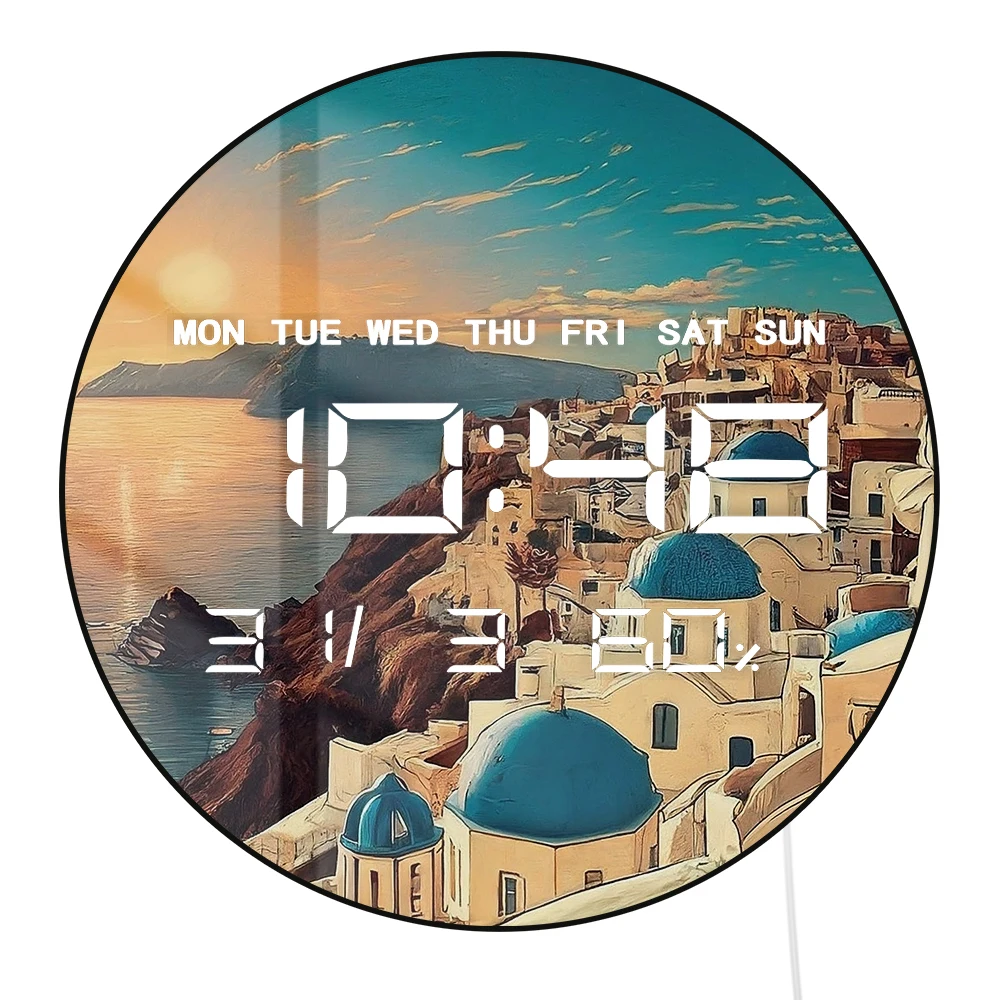 Greece Santorini Sunshine LED Digital Wall Clock Large Display Electronic Wall Clock with Calendar Date Temperature Auto Dimming