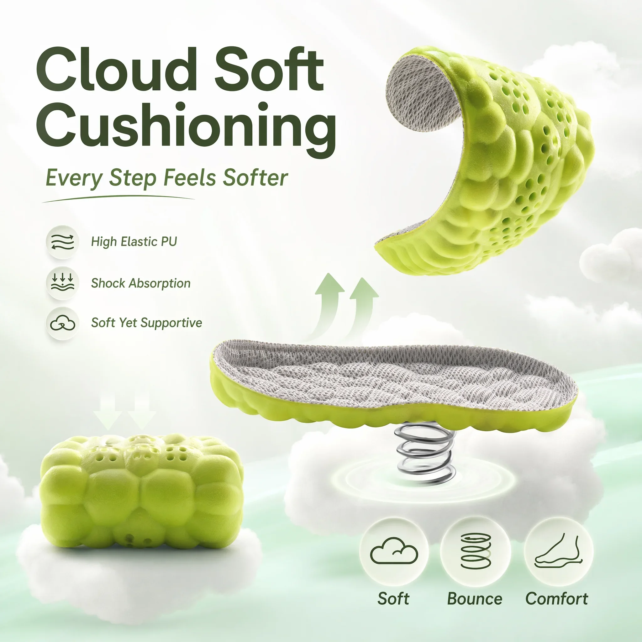 4D Cloud Sport Insoles PU Air Cushion Breathable Shock Absorption Height Increase Shoe Insoles for Men Women Run Walk Sneakers