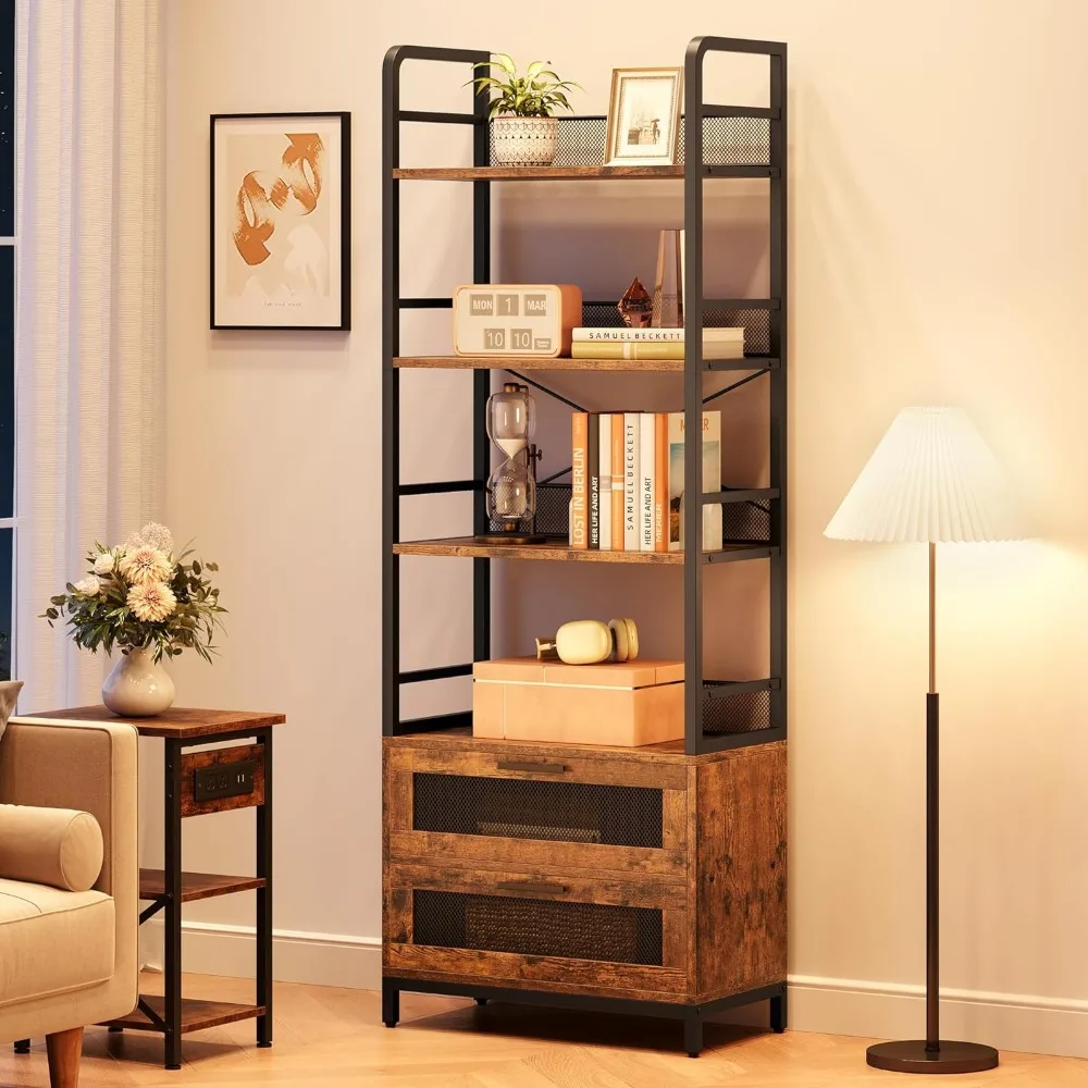 4-tier Open Storage Rustic Bookshelf With Drawers 70.87-inch High Display Shelf Book Cabinet Bookcase for Room Wood Shelving