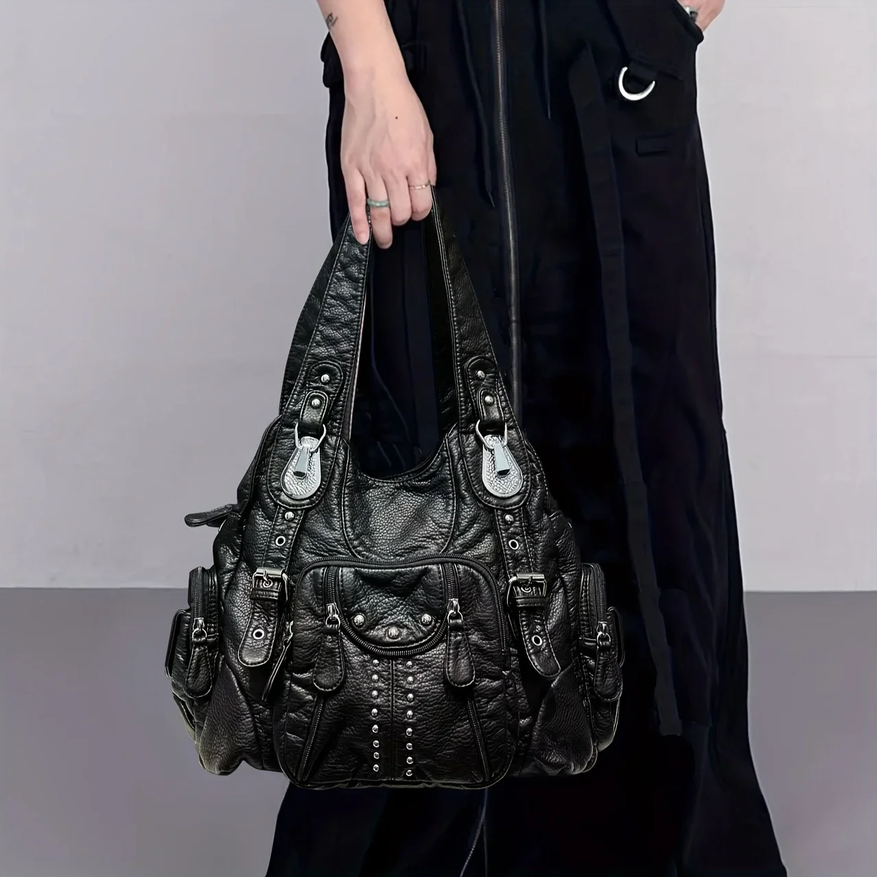 

Fashionable retro vintage Y2K women's motorcycle tote bag, large capacity washed vegan leather shoulder bag