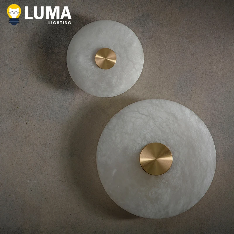الفاخرة الإسبانية المرمر وحدة إضاءة LED جداريّة ضوء الصلبة النحاس الشمعدان المستديرة لغرفة المعيشة التلفزيون خلفية الحمام غرفة نوم السرير ديكور