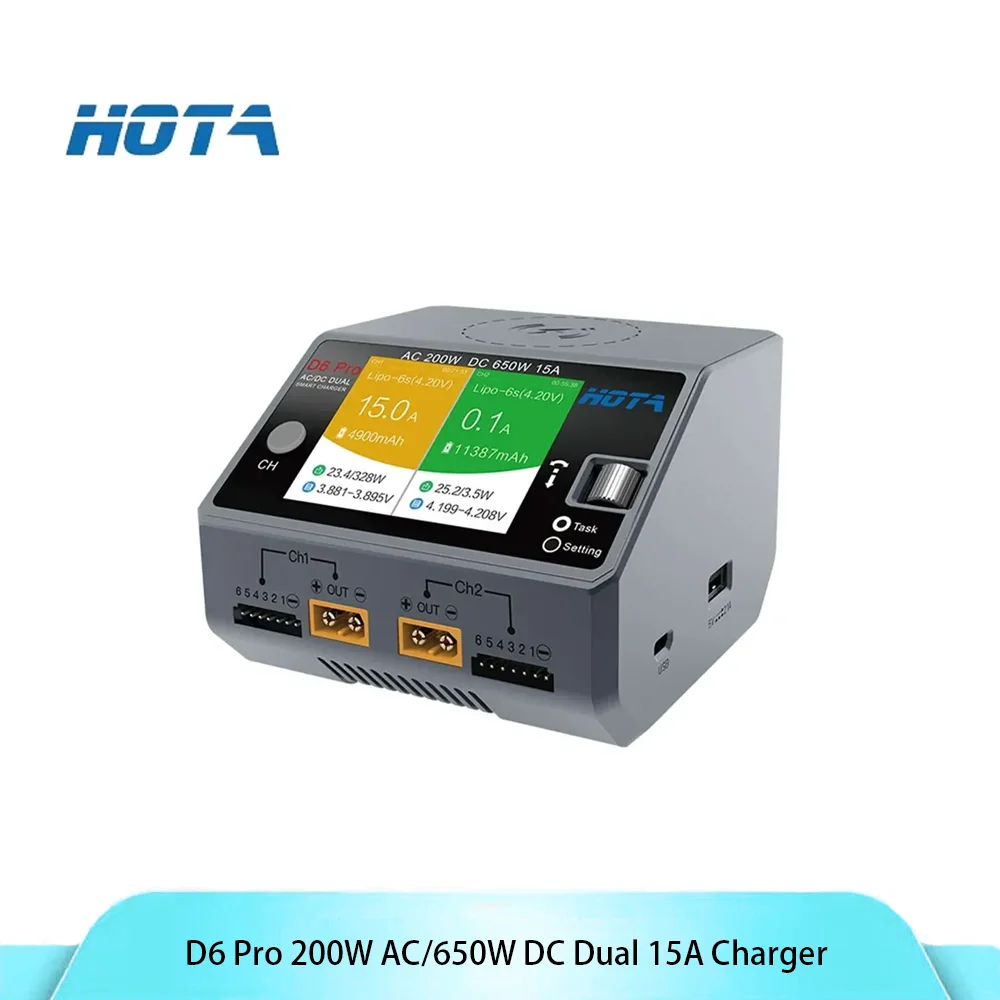 

HOTA D6 Pro 200W AC/650W DC Dual 15A Charger | 1-6S LiPo/Wireless Charge for FPV/RC Drone – 2.8" LCD & USB Firmware