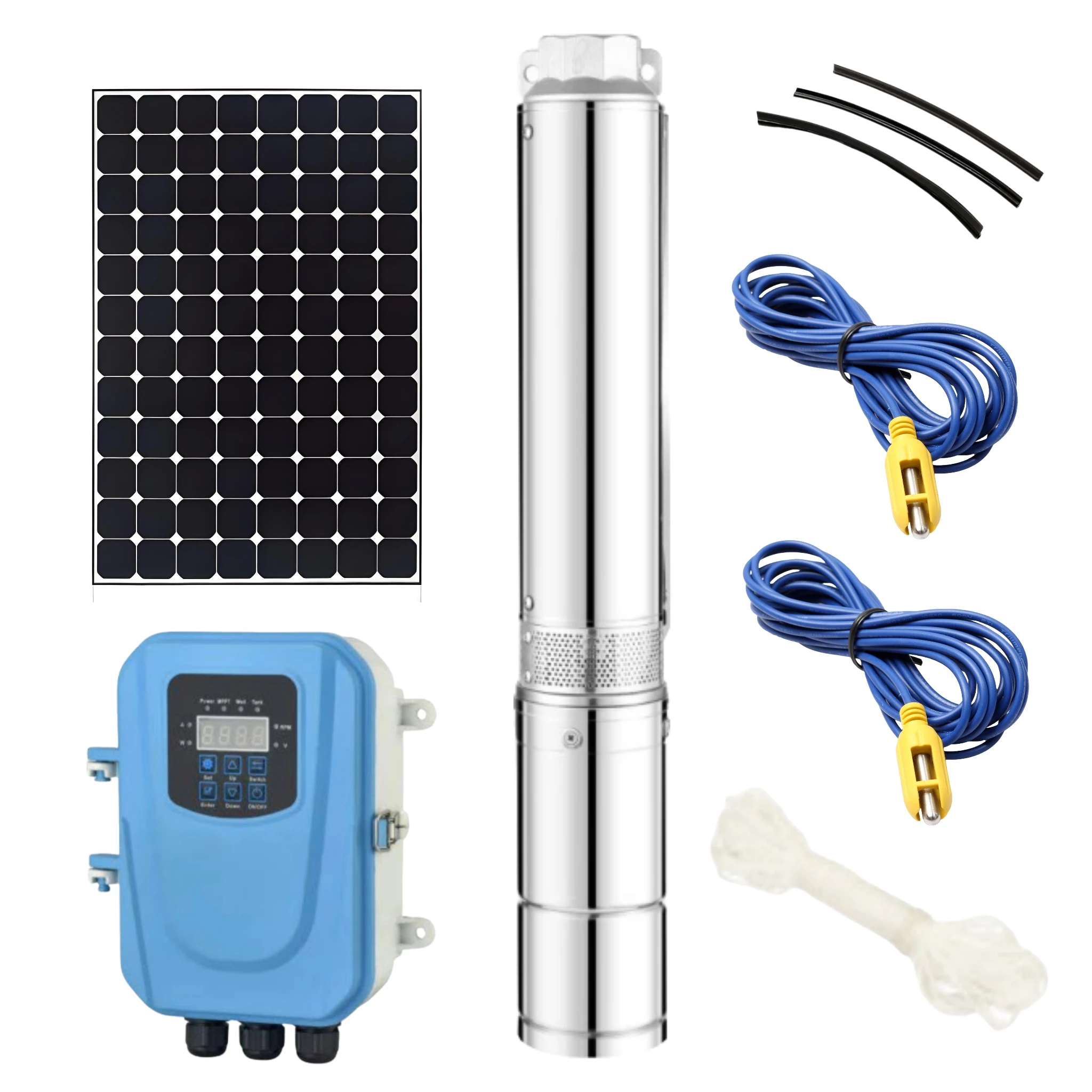 مضخة مياه تعمل بالطاقة الشمسية غاطسة من الفولاذ المقاوم للصدأ مقاس 4 بوصة تيار مستمر من المصنع مع دفاعة بلاستيكية للبئر