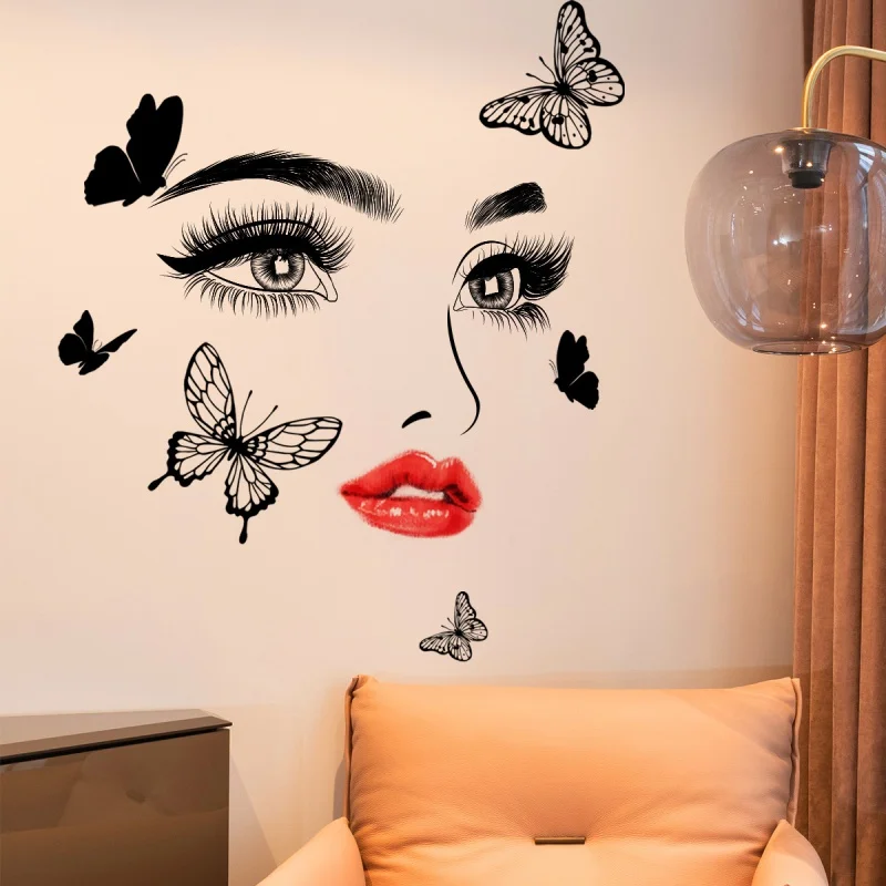 Red Lips Eyes Women Wall Sticker Decal Butterfly For Background Room Decoration Adhesive Wallpaper Self-adhesive Home Decor