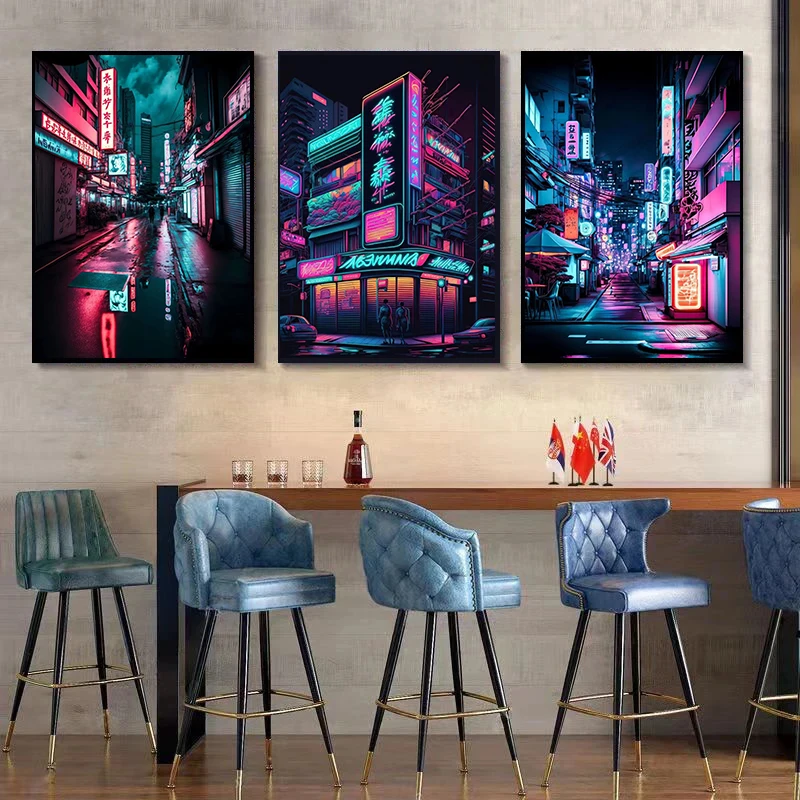 1pc Frameless Canvas Painting 80s Neon Cyberpunk Tokyo Poster Aesthetics City Tour Colorful Night Canvas Wall Art Home Office Tr