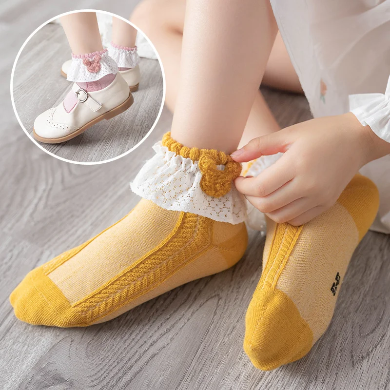 Cute Princess Bear Doll Stitch White Home Slipper Stocking Spring Autumn Baby Girls Lace Ruffle Dance Socks for Toddler Children