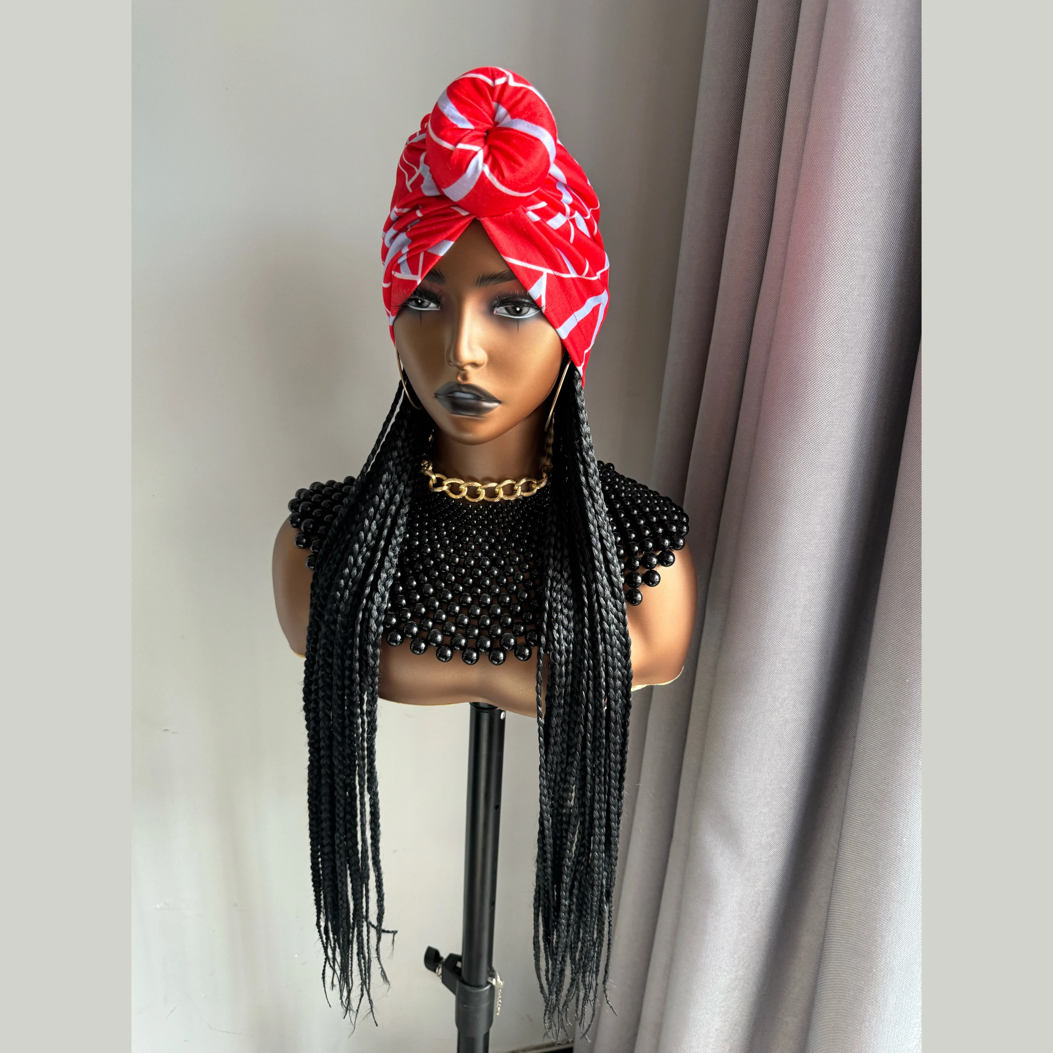 WIGERA Long 24“ Black Box Braided Synthetic Wig With Headband Turban Hat Box Braiding Hair Extensions Head Scarf  Wigs For Women