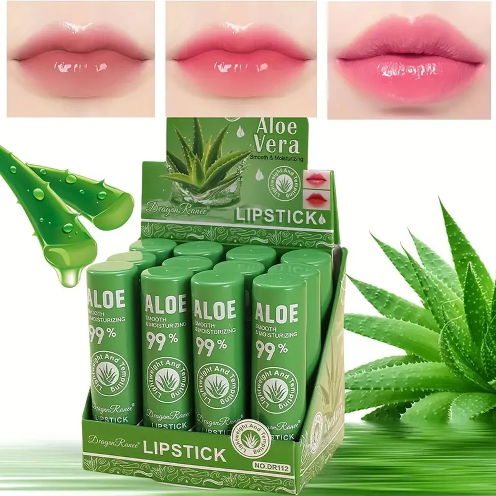 Conjunto de bálsamo labial de aloe vera de 12 peças, hidratante de longa duração, antiaderente, à prova d'água, batom gelatinoso que muda de cor contendo squalano vegetal, adequado para todos os tipos de pele