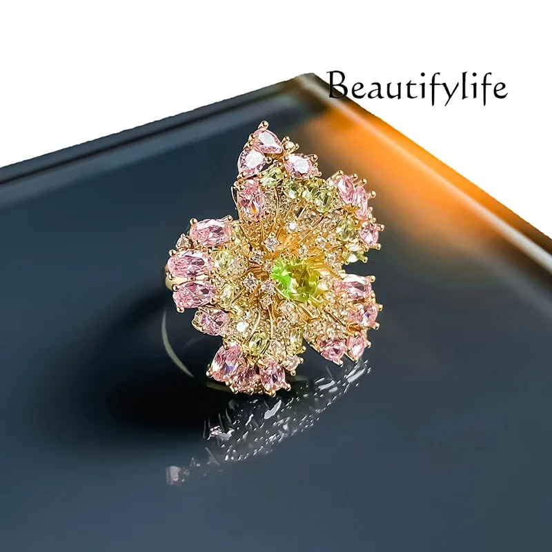 High-end three-dimensional flower women's ring hollow pink crystal inlay personalized fashion exquisite