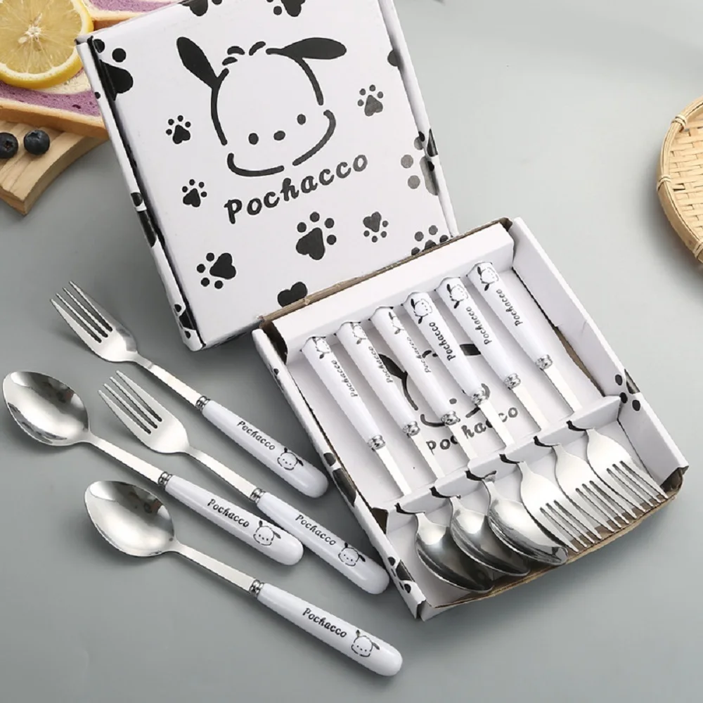 4/6 Children's Spoon And Fork Set Stainless Steel Cartoon Puppy Cutlery Portable Baby Feeding Utensil Baby Spoon, Fork, Chopstic