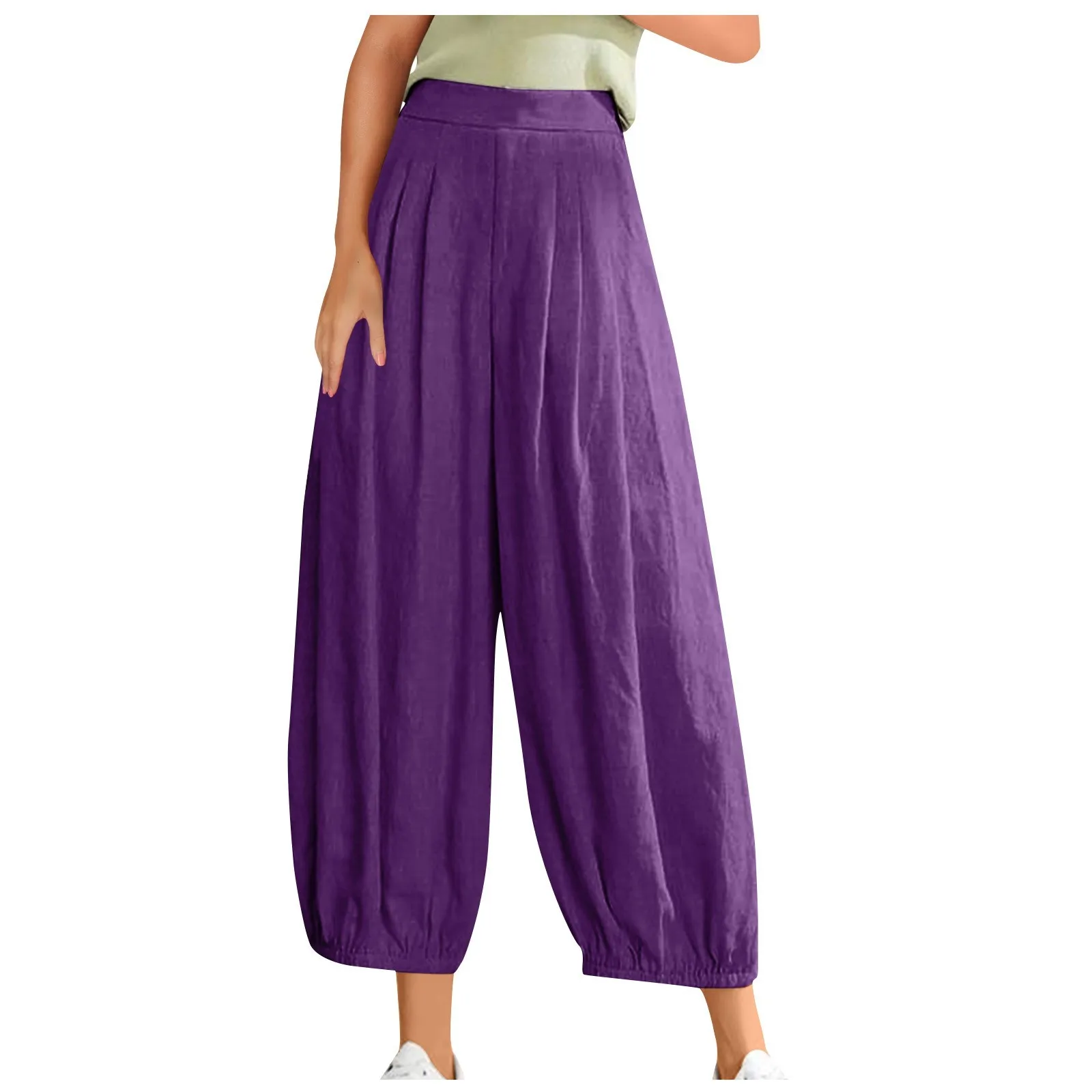 

Cotton Wide Leg Pants Female Loose Oversized Solid Color Harem Summer Casual Elastic Waist Ankle-length Pants Women Clothing