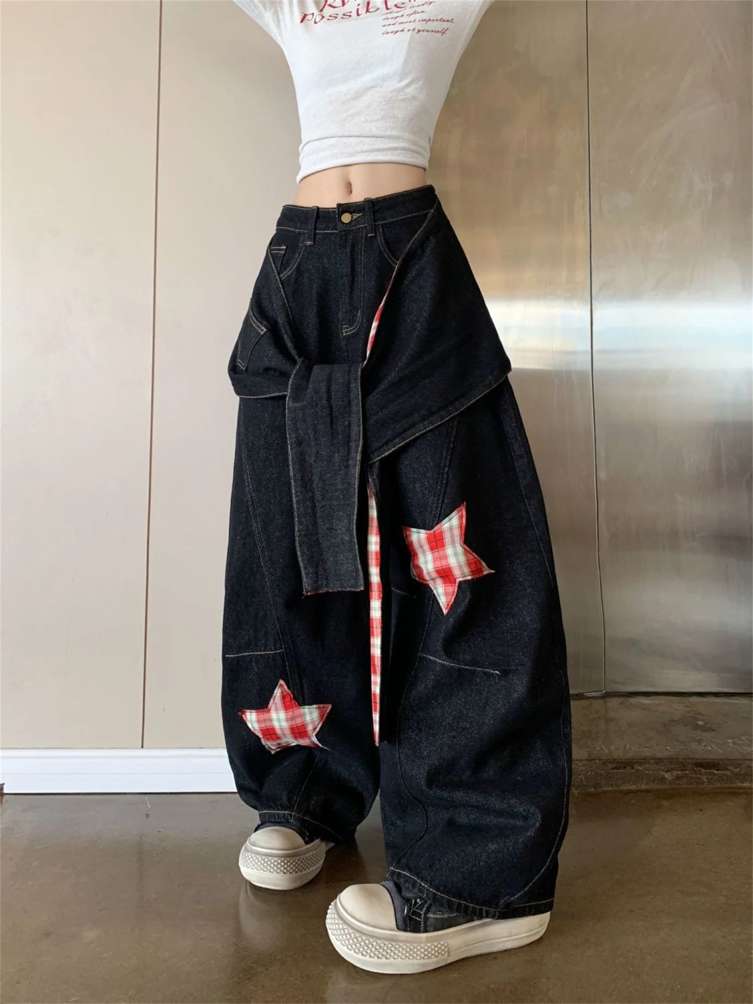Y2K レディース ハイウエスト ワイドレッグ デニムパンツ ブラック ヴィンテージ レッド チェック柄 スターパッチ タイディテール ストリートウェア ルーズパンツ