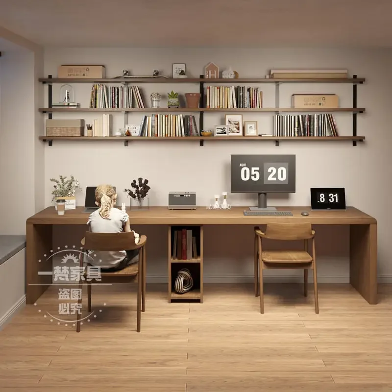 Double large desk household solid wood computer desk workbench modern long table log study writing table
