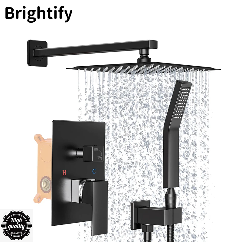 Brightify Rain Shower System Faucet Set 10/12 Inch Head Black Rainfall Concealed Mixer Tap Wall Ceiling Mount Bathroom Faucet