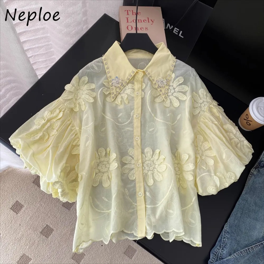 

Neploe Court Heavy Diamonds Lantern Sleeve Shirt Western Summer New All-match Blouses Embroidery Slim French Casual Fresh Blusas