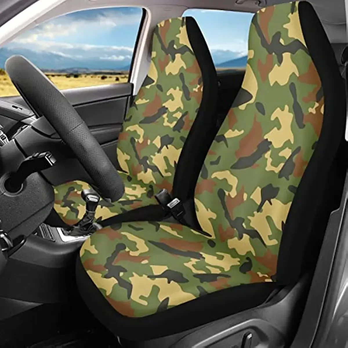 Green Camo Car Seat Cover 2 Front Seats Only, Camouflage Pattern Bucket Seat Cover Protectors Military Army Combat Univer