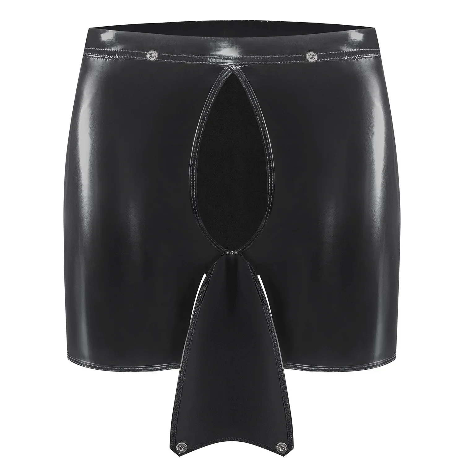 Mens Glossy Wet Look PVC Leather Trunks Black/Red Shiny Latex Sexy Male Shorts Bulge Pouch Front Open Erotic Gay Lingerie Boxers