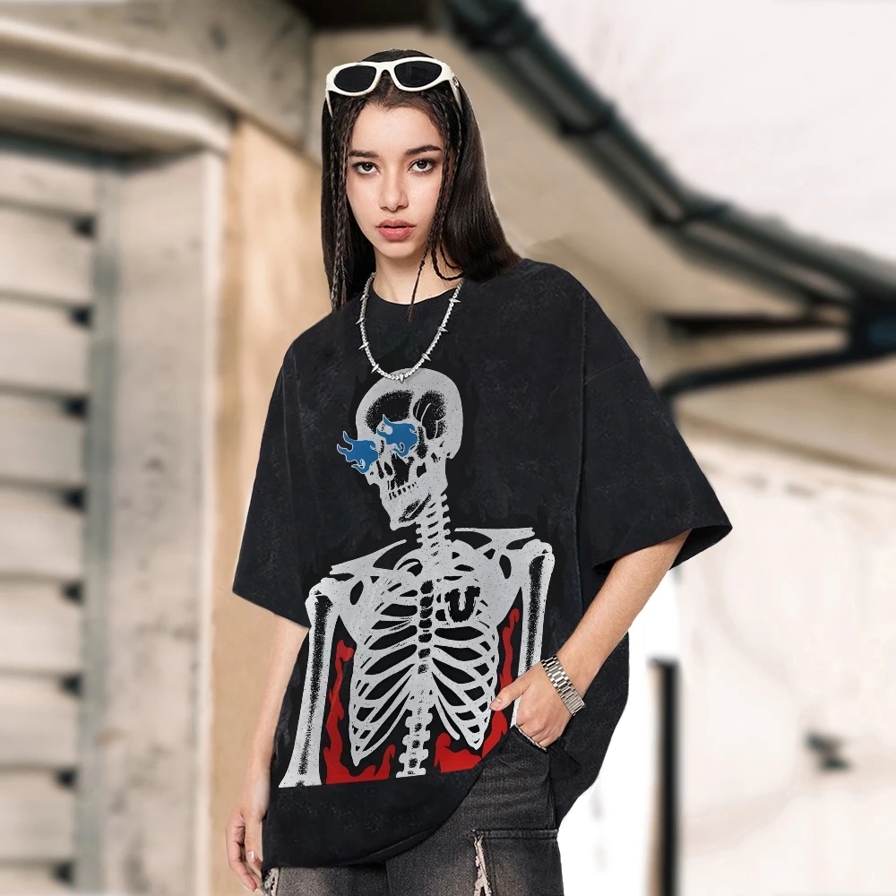 

Street Handsome Skull Print Ladies T-Shirt Loose Wash Fashion Unisex Couple Short Sleeve Nothing Retro Distressed Top