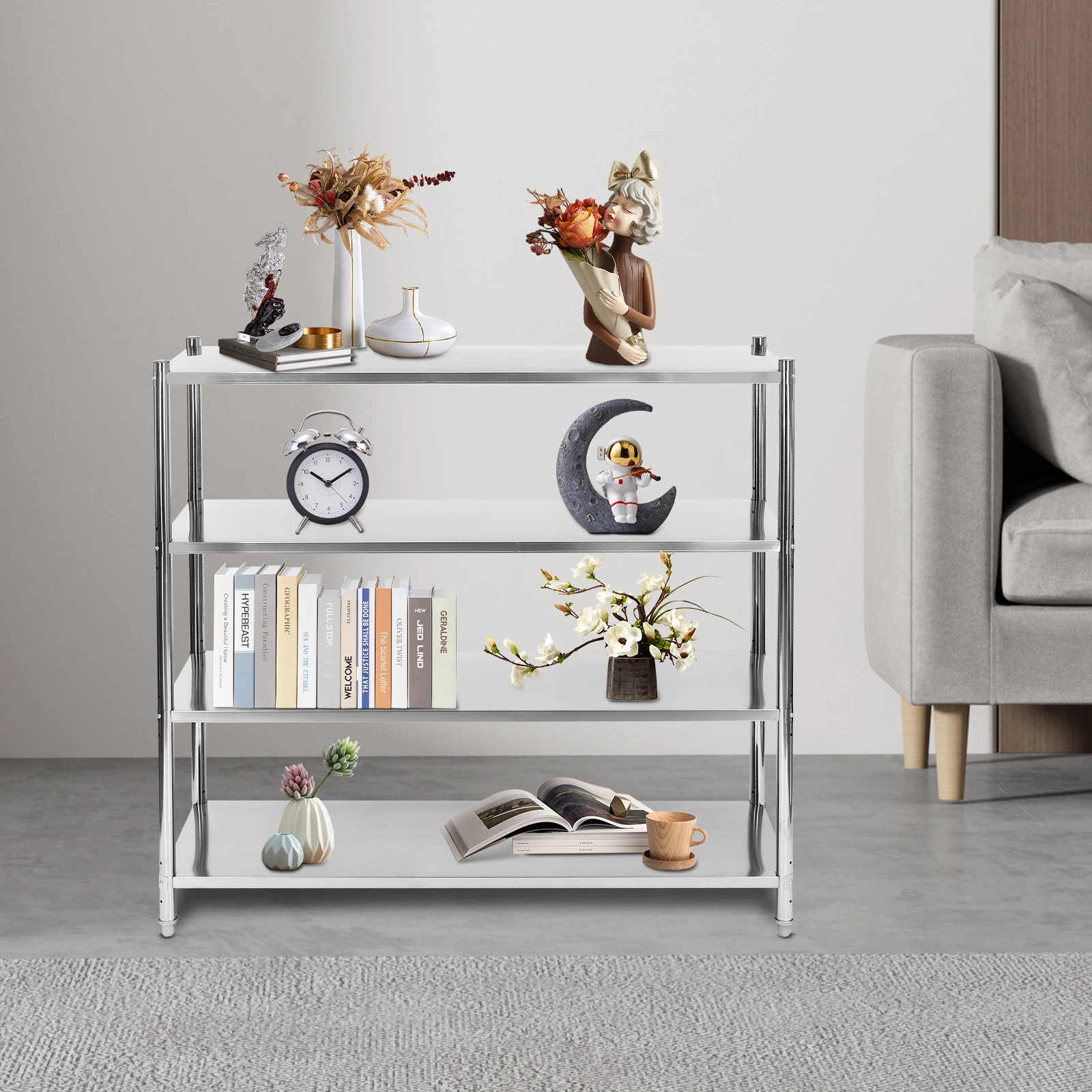 

4 Tiers Stainless Steel Shelving Height Adjustable Shelf Heavy Duty Storage Shelves for Warehouses Supermarkets