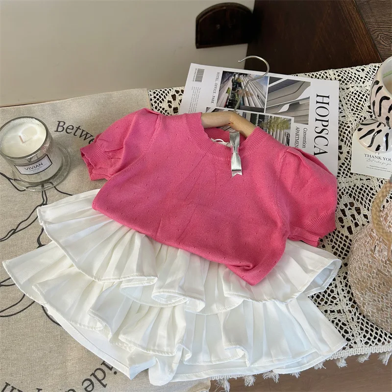 

Girl Shirt Top Korean Style Children Wear 2024 New Summer Girls Hollowed-out Knitted Bubble Sleeve Top Baby Girl Pink Shirt Top