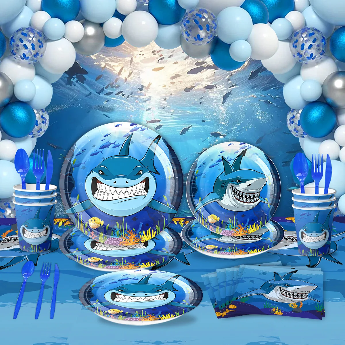 Blue Shark Birthday Decoration Happy Birthday Banner Dinner Plates Cups Napkins Baby Shower Shark Theme Birthday Party Supplies